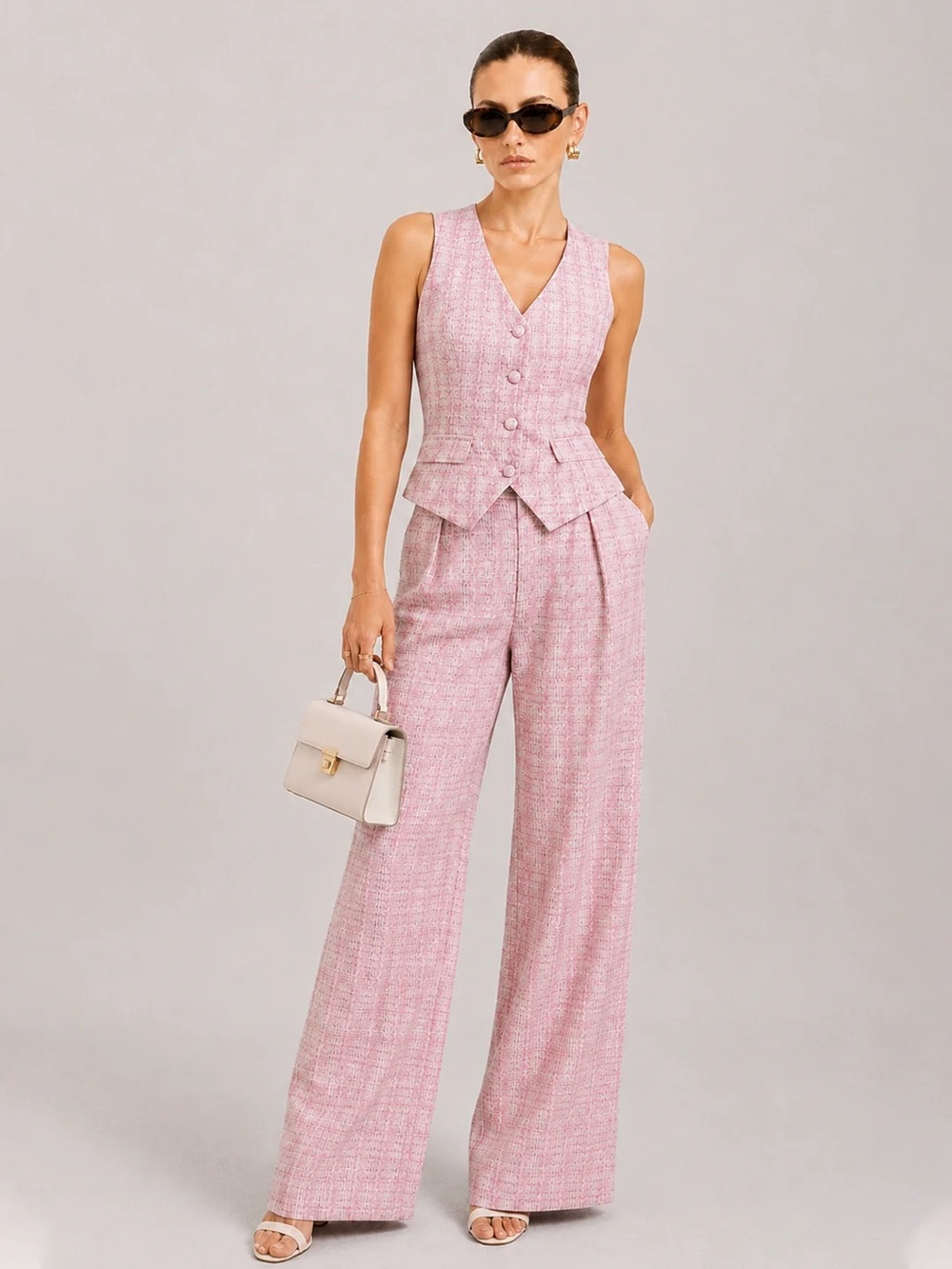 Commense Pink Tweed Wide-Leg Pants with Matching Vest Size XS NWT 🩷💕